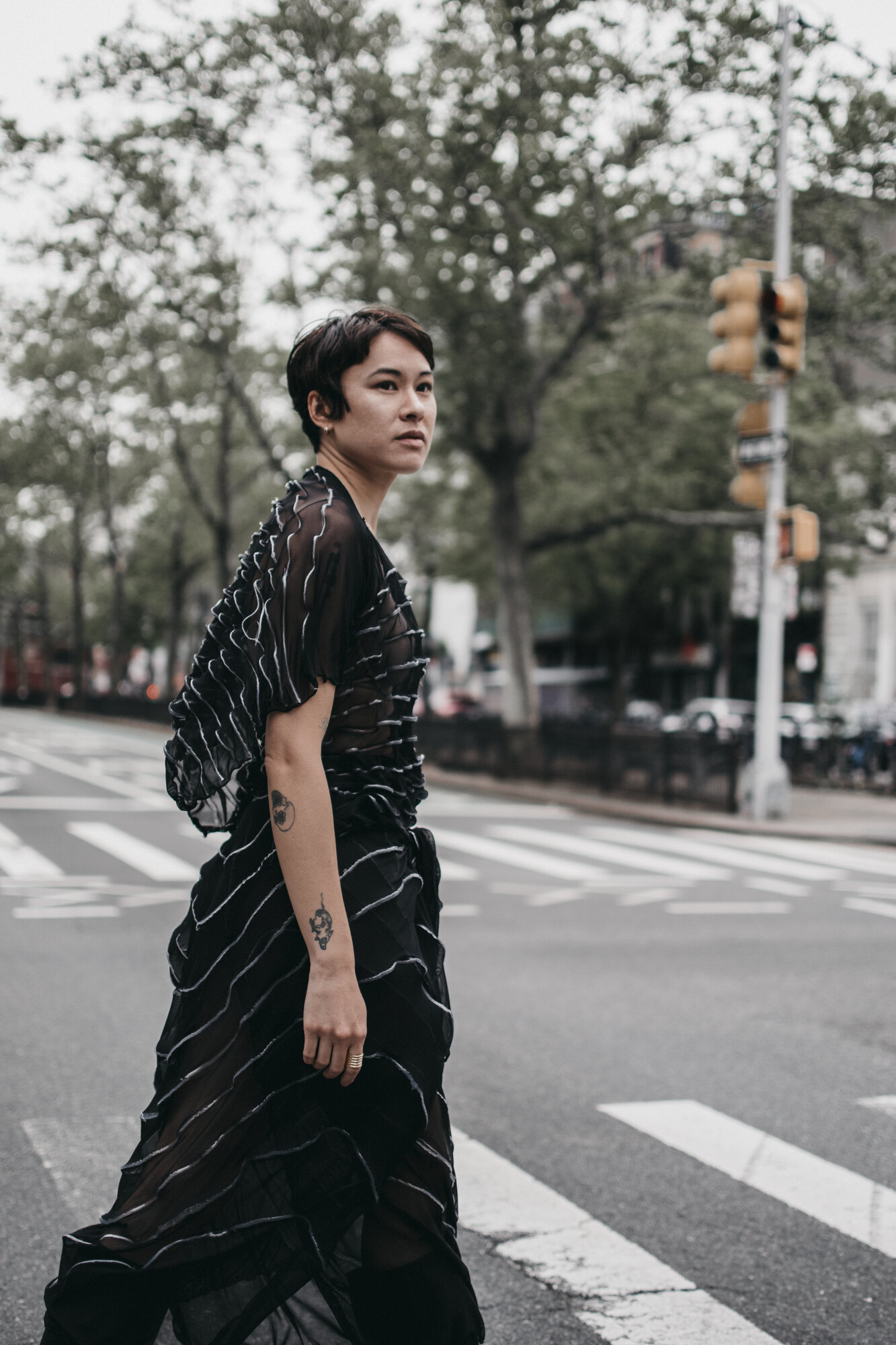 Street style, black textured wrap dress